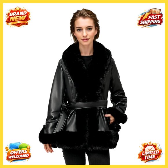Faux Fur Leather Jacket Women's Winter Coat Slim Fit Hooded Chic